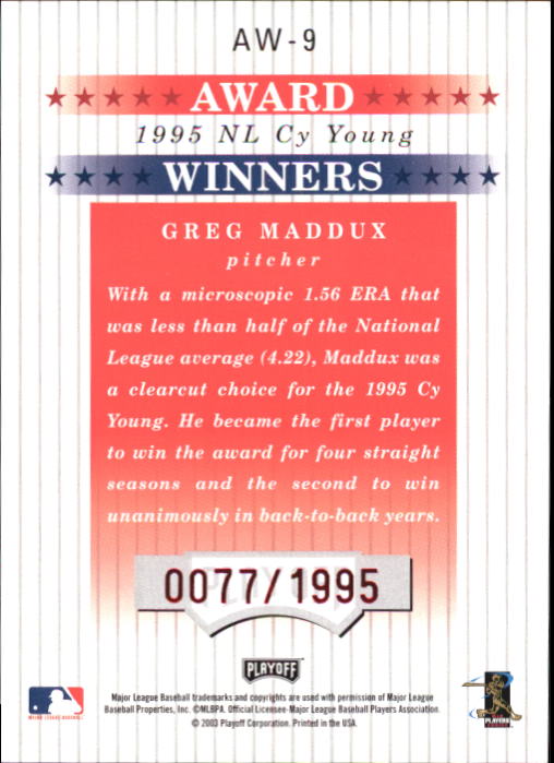 2003 Playoff Prestige Award Winners #9 Greg Maddux CY/1995 back image