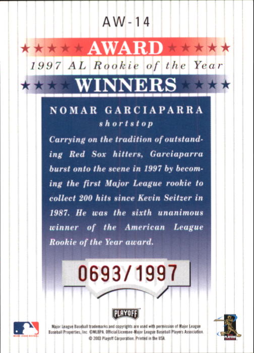 2003 Playoff Prestige Award Winners #14 Nomar Garciaparra ROY/1997 back image