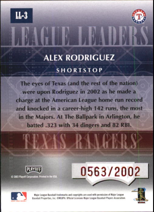 2003 Playoff Prestige League Leaders #3 Alex Rodriguez RBI back image