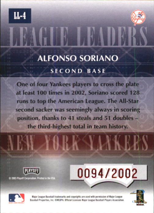 2003 Playoff Prestige League Leaders #4 Alfonso Soriano Runs back image