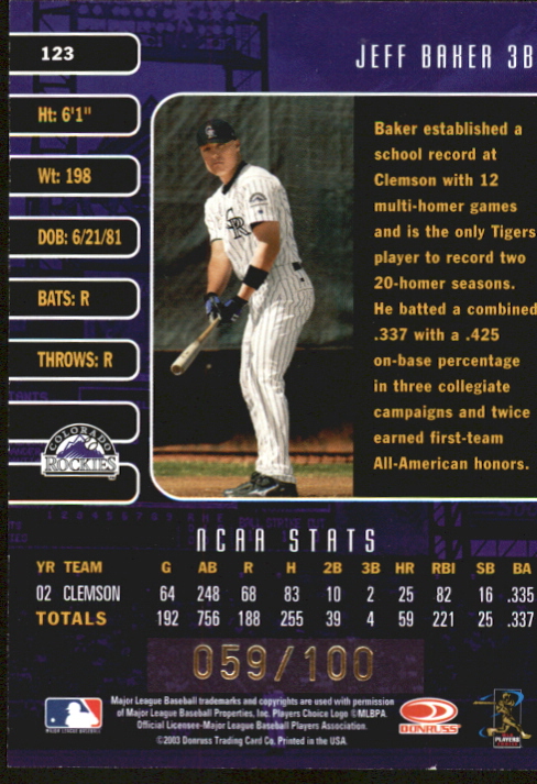 2003 Studio Proofs #123 Jeff Baker back image