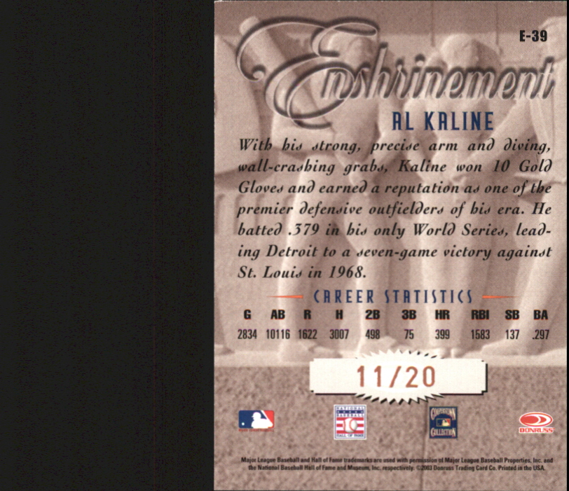 2003 Studio Enshrinement Proofs #39 Al Kaline back image