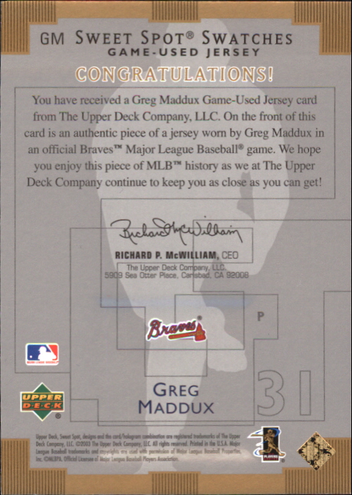 2003 Sweet Spot Swatches #GM Greg Maddux back image