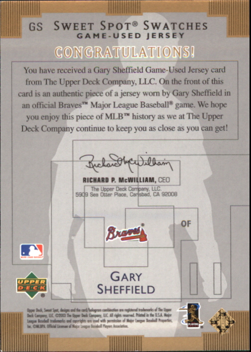 2003 Sweet Spot Swatches #GS Gary Sheffield SP back image