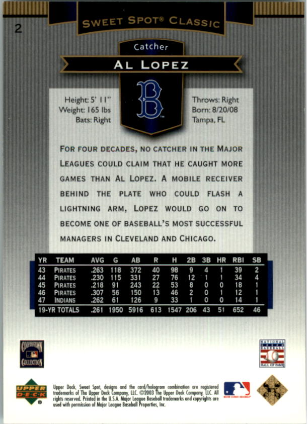 2003 Sweet Spot Classics #2 Al Lopez back image