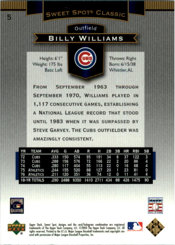2003 Sweet Spot Classics #5 Billy Williams back image