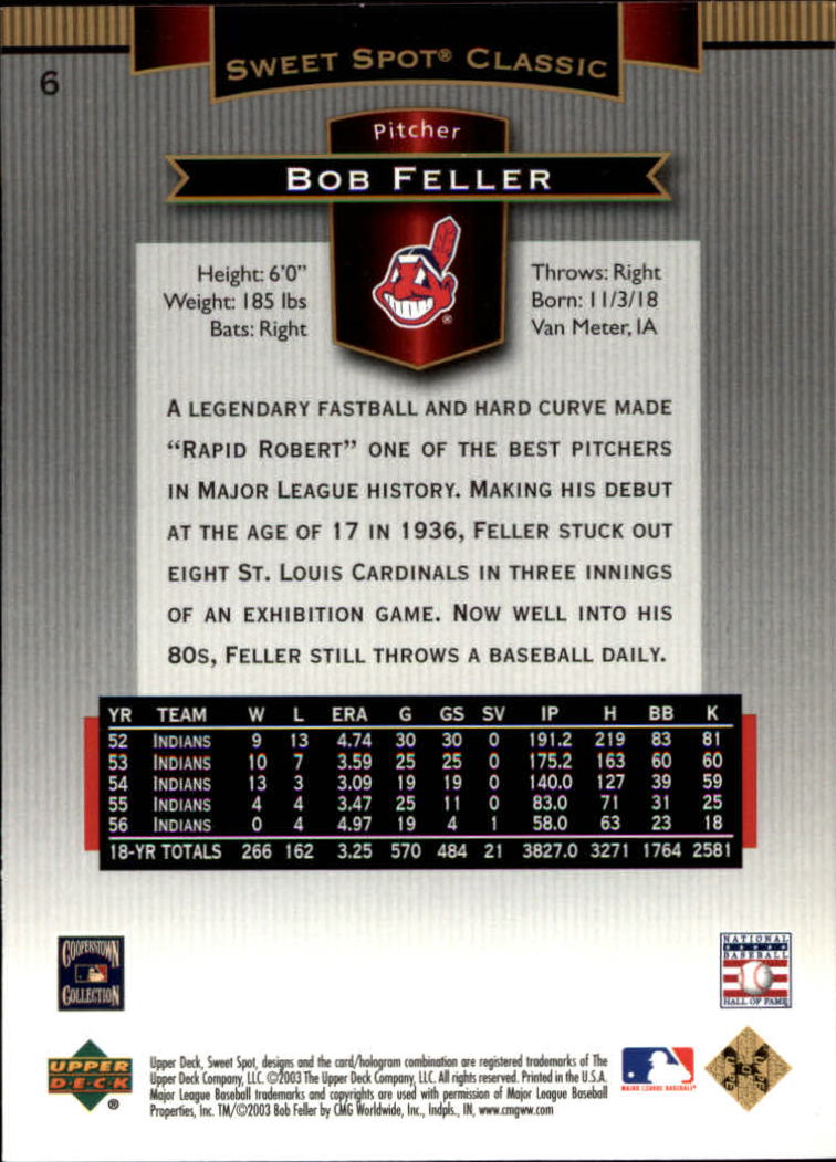 2003 Sweet Spot Classics #6 Bob Feller back image