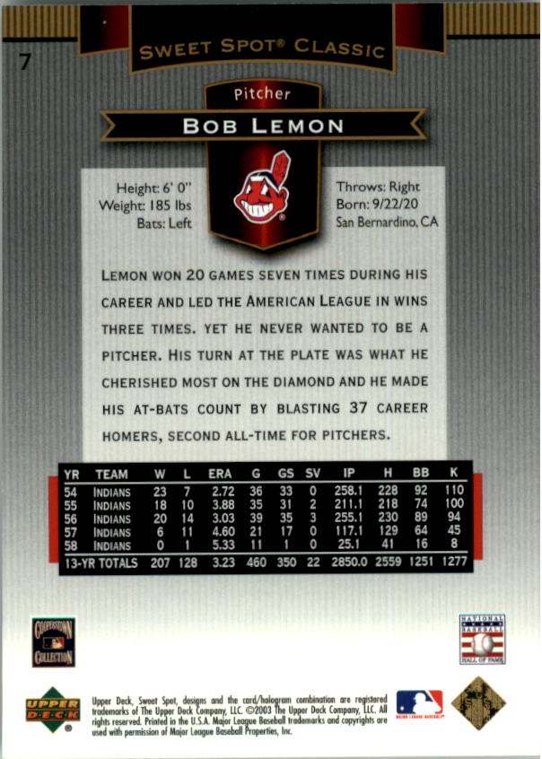 2003 Sweet Spot Classics #7 Bob Lemon back image