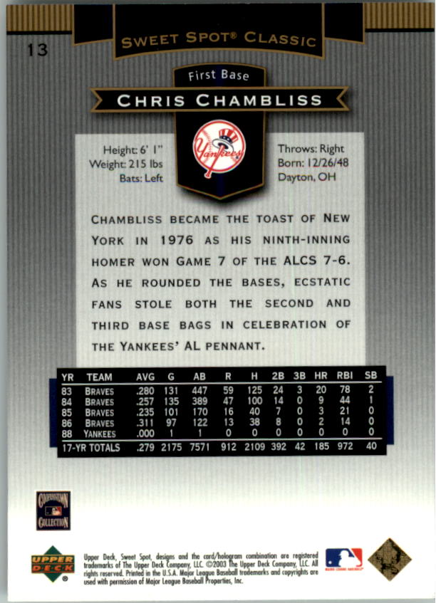 2003 Sweet Spot Classics #13 Chris Chambliss back image