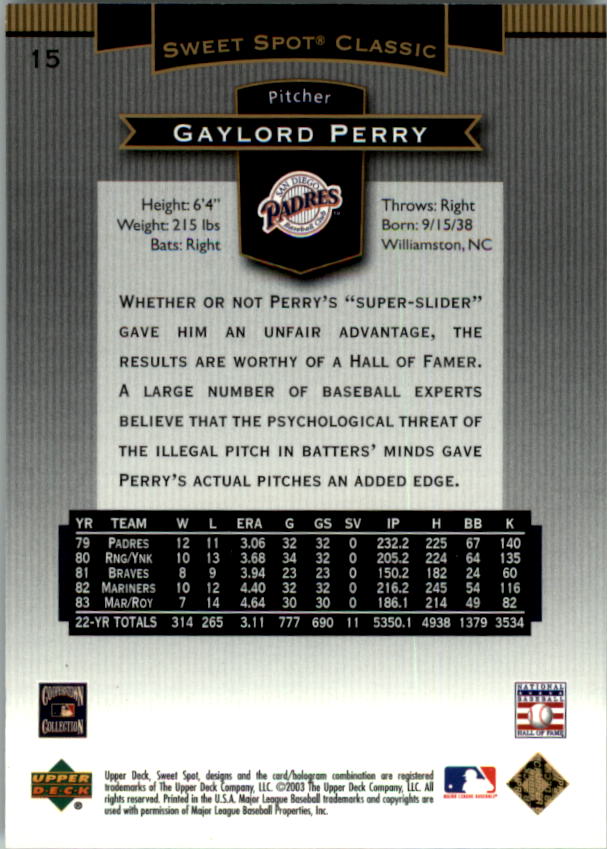 2003 Sweet Spot Classics #15 Gaylord Perry back image