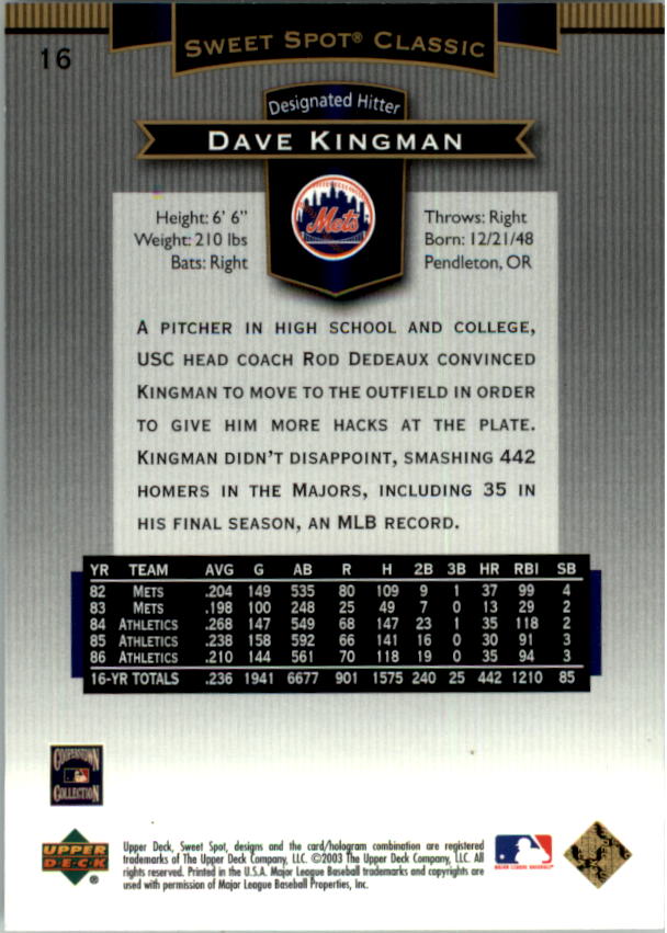 2003 Sweet Spot Classics #16 Dave Kingman back image