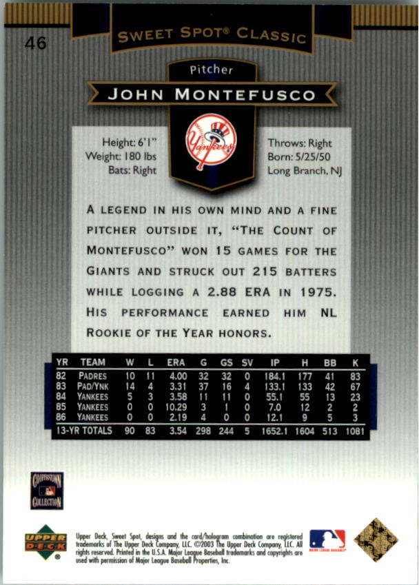 2003 Sweet Spot Classics #46 John Montefusco back image
