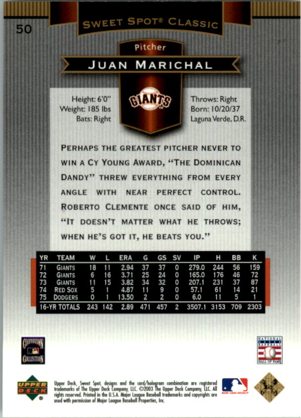 2003 Sweet Spot Classics #50 Juan Marichal back image