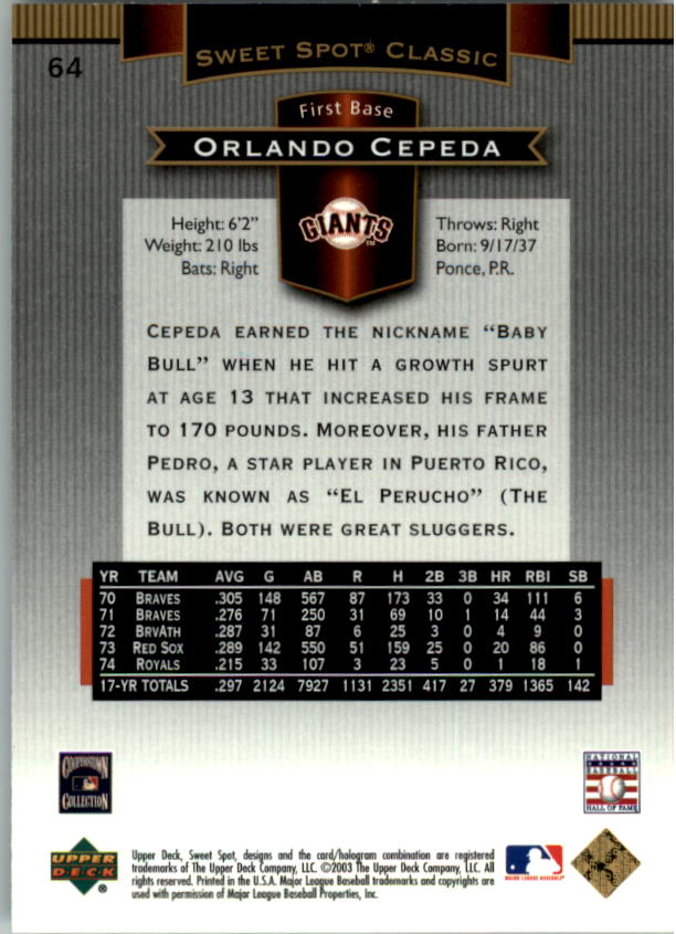 2003 Sweet Spot Classics #64 Orlando Cepeda back image