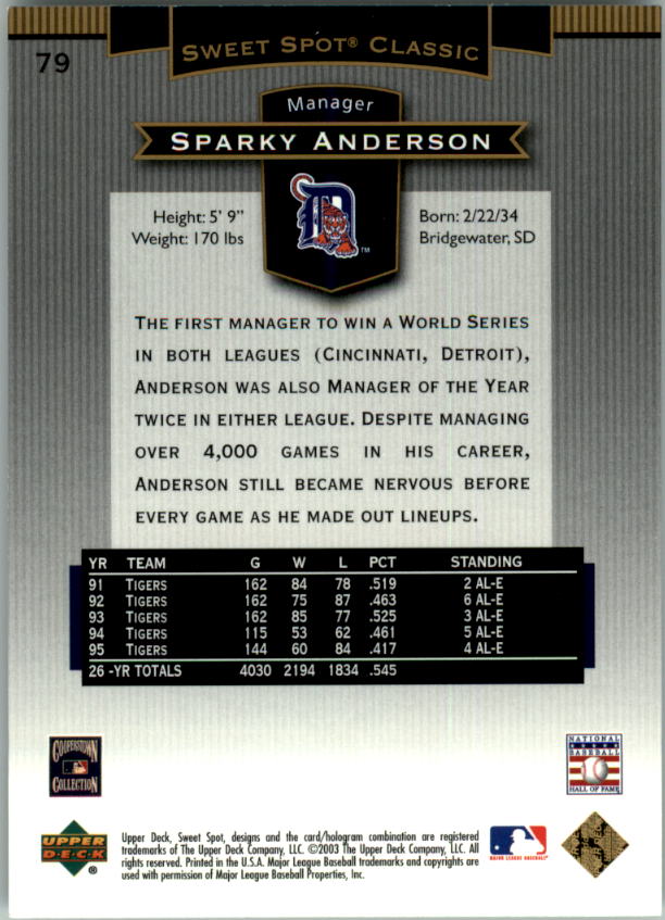 2003 Sweet Spot Classics #79 Sparky Anderson MG back image