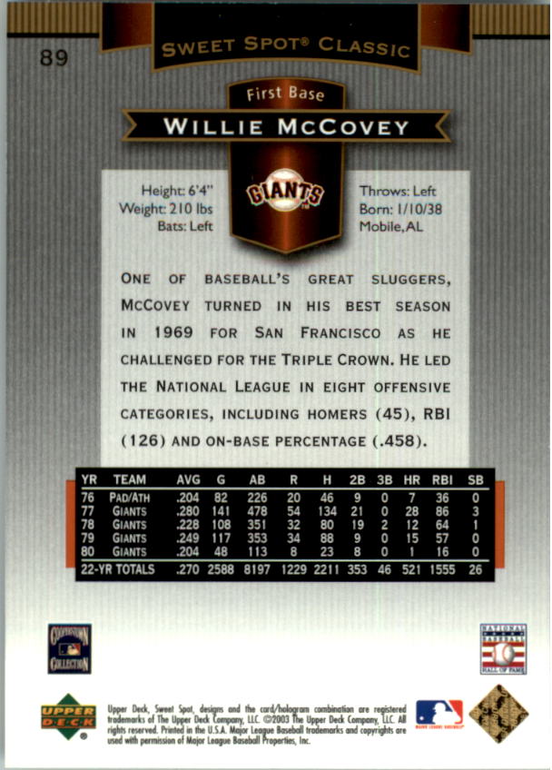 2003 Sweet Spot Classics #89 Willie McCovey back image