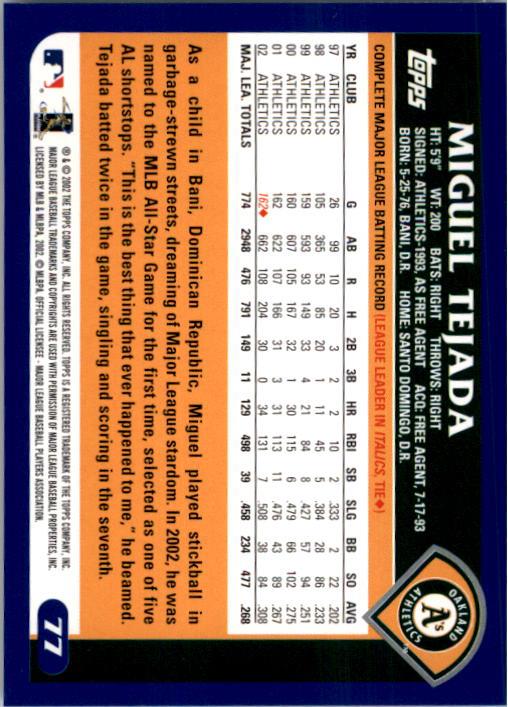 2003 Topps #77 Miguel Tejada back image