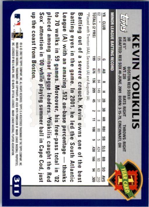 2003 Topps #311 Kevin Youkilis FY RC back image