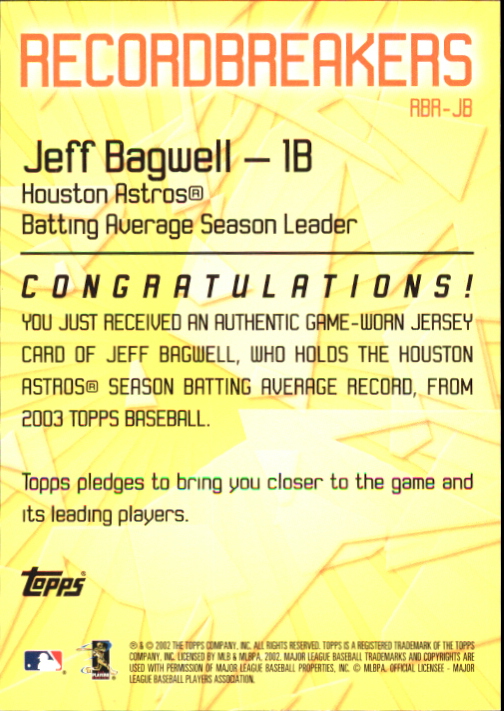 2003 Topps Record Breakers Relics #JB Jeff Bagwell Uni B1 back image