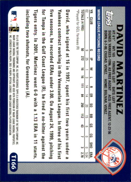 2003 Topps Traded #T166 David Martinez FY RC back image