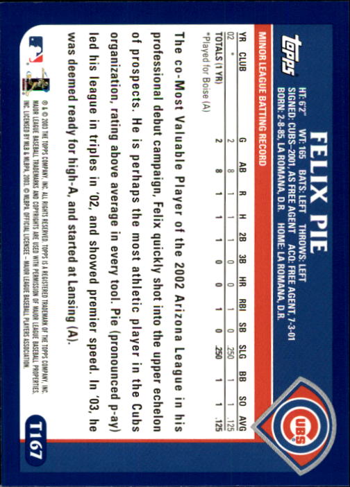 2003 Topps Traded #T167 Felix Pie FY RC back image