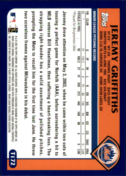 2003 Topps Traded #T172 Jeremy Griffiths FY RC back image
