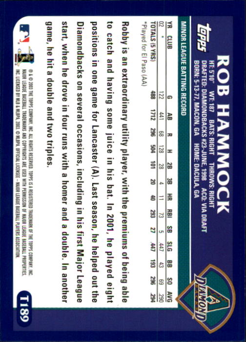 2003 Topps Traded #T189 Rob Hammock FY RC back image