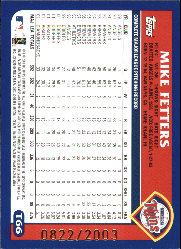 2003 Topps Traded Gold #T66 Mike Fetters back image
