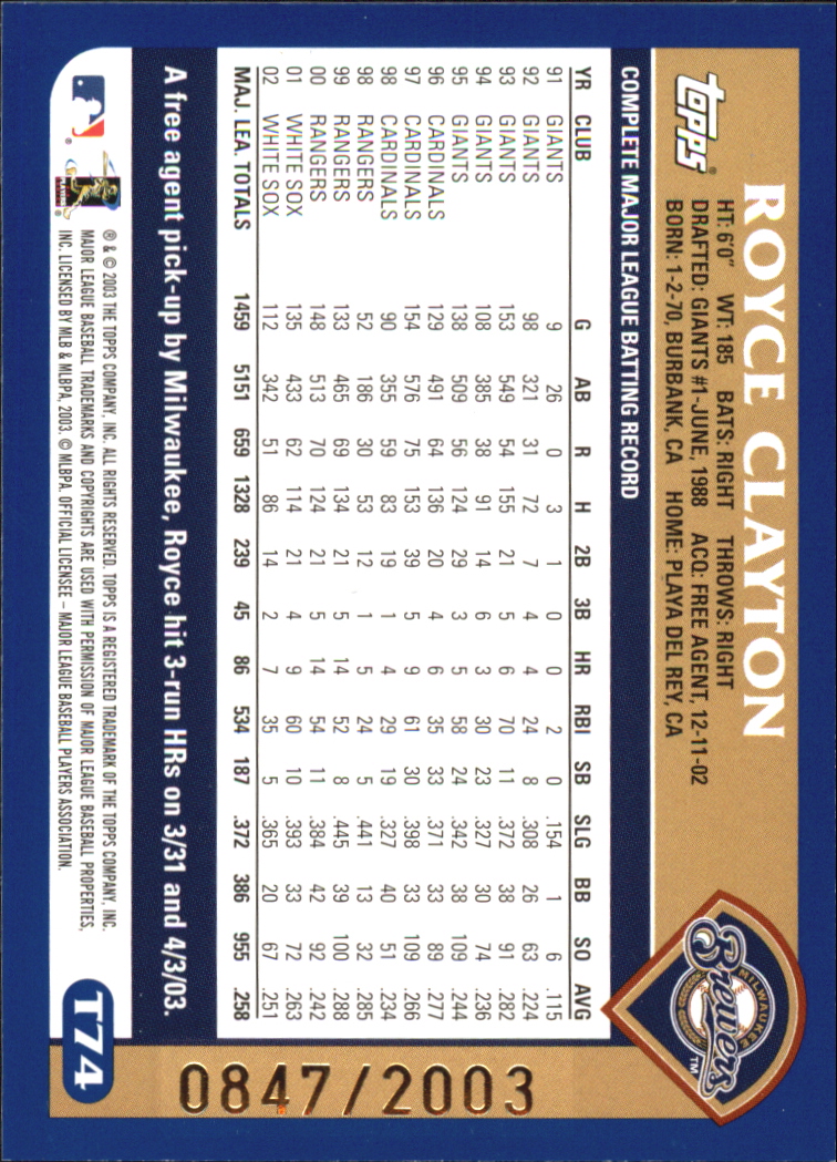 2003 Topps Traded Gold #T74 Royce Clayton back image