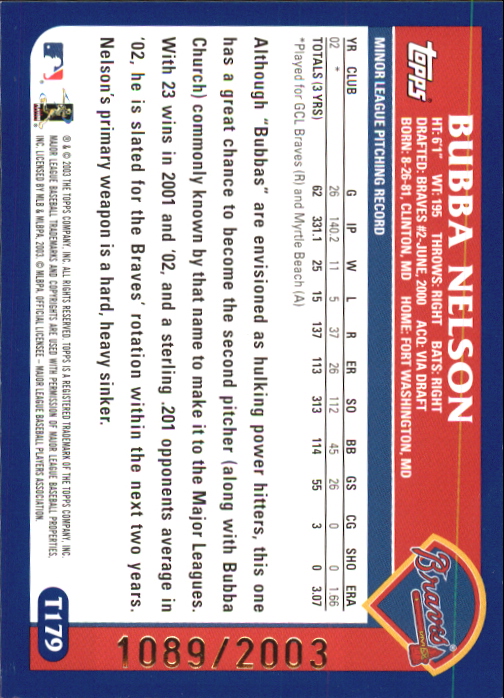 2003 Topps Traded Gold #T179 Bubba Nelson FY back image