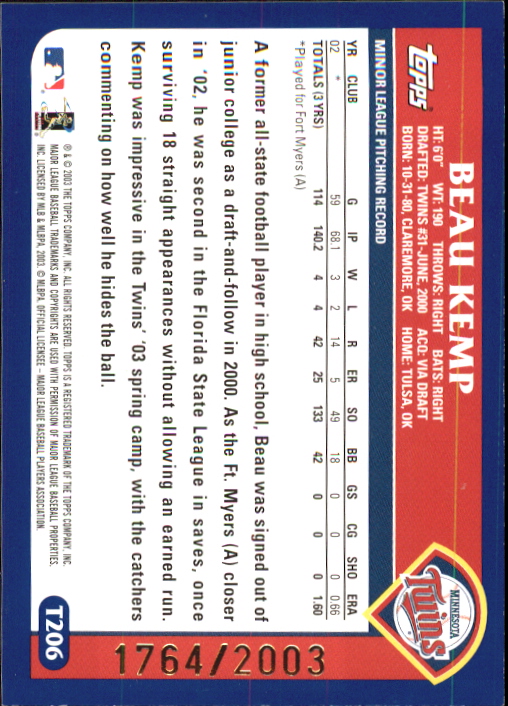 2003 Topps Traded Gold #T206 Beau Kemp FY back image