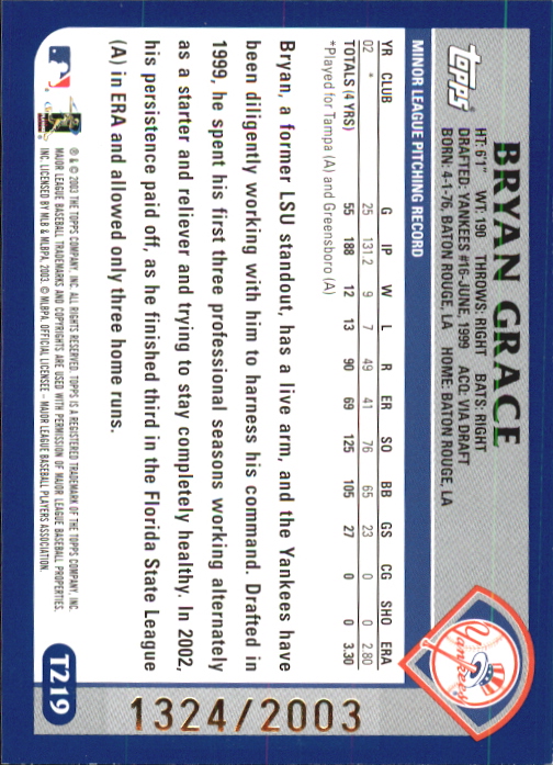 2003 Topps Traded Gold #T219 Bryan Grace FY back image