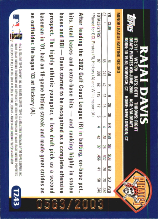 2003 Topps Traded Gold #T243 Rajai Davis  FY back image