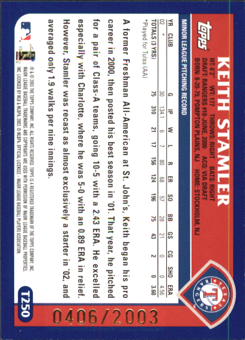 2003 Topps Traded Gold #T250 Keith Stamler FY back image