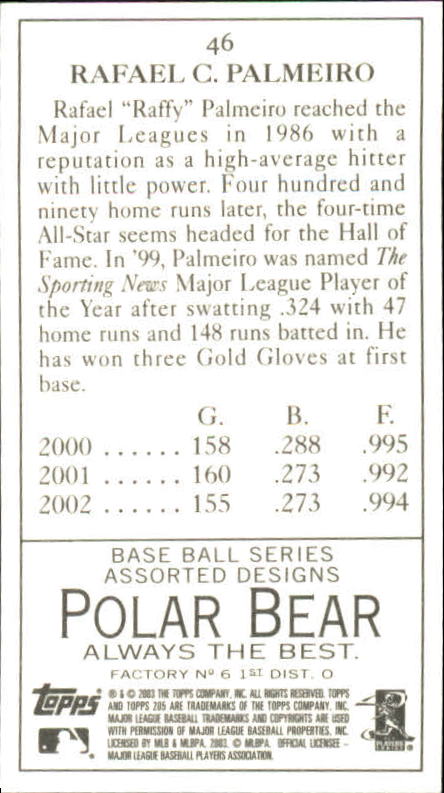 2003 Topps 205 Polar Bear #46 Rafael Palmeiro back image