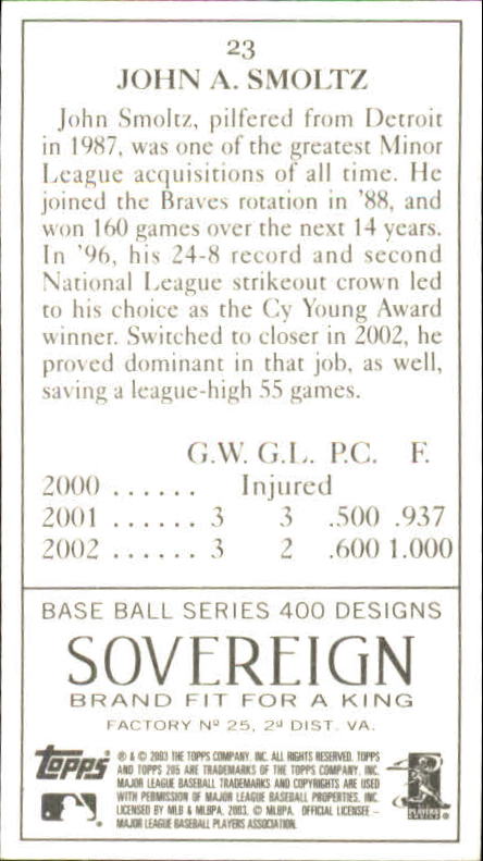 2003 Topps 205 Sovereign #23 John Smoltz back image