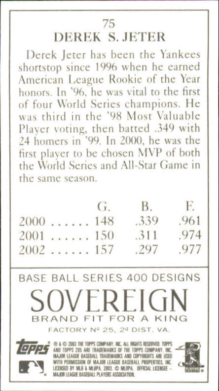 2003 Topps 205 Sovereign #75A Derek Jeter w/Gold Trim back image