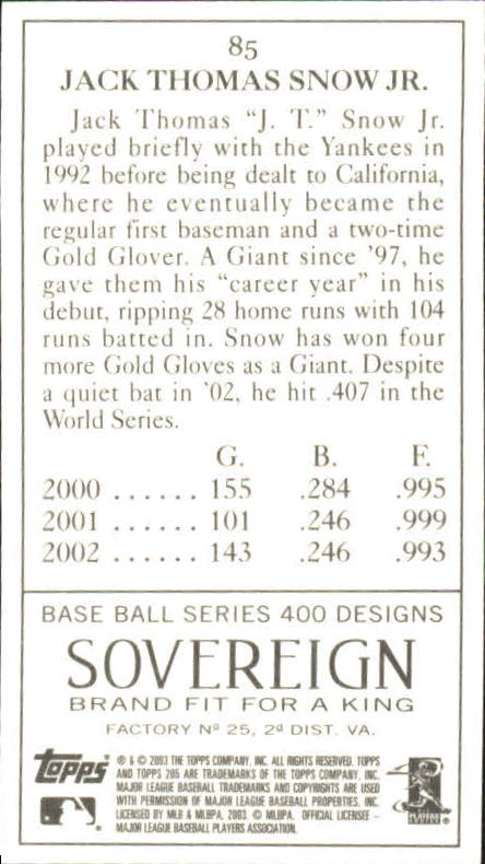 2003 Topps 205 Sovereign #85 J.T. Snow back image