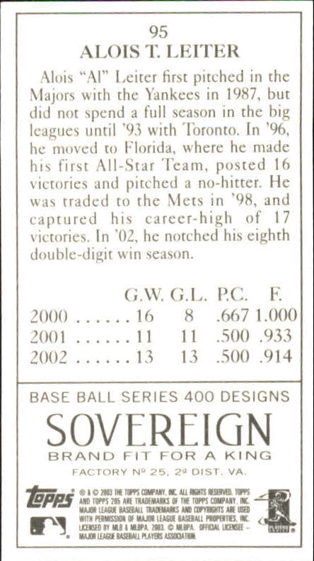 2003 Topps 205 Sovereign #95 Al Leiter back image
