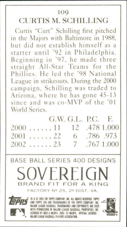 2003 Topps 205 Sovereign #109 Curt Schilling back image