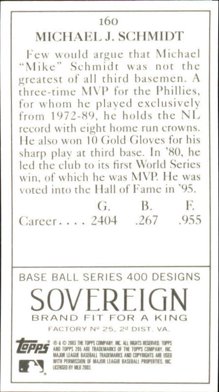 2003 Topps 205 Sovereign #160 Mike Schmidt RET back image