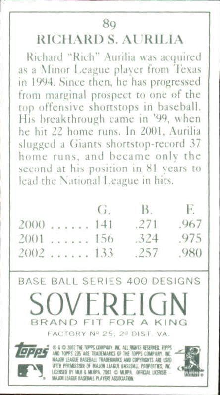 2003 Topps 205 Sovereign Green #89 Rich Aurilia back image