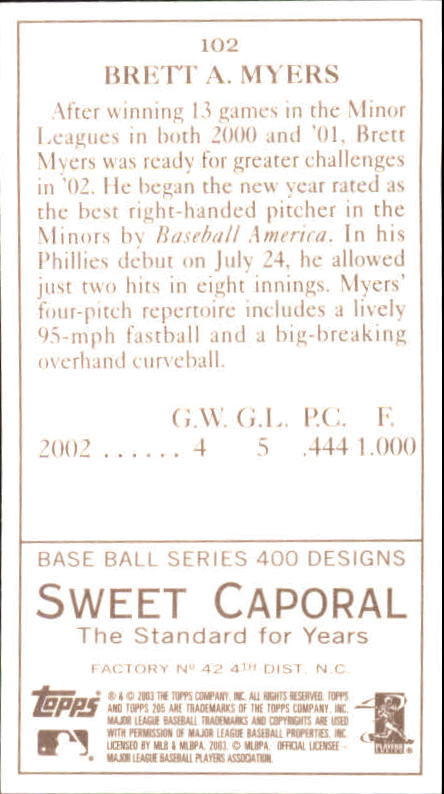 2003 Topps 205 Sweet Caporal #102 Brett Myers back image