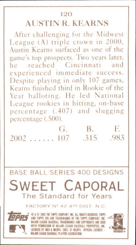 2003 Topps 205 Sweet Caporal #120 Austin Kearns back image