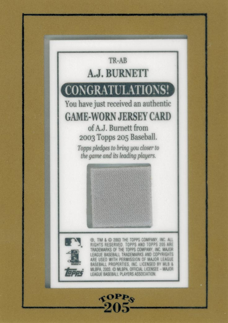 2003 Topps 205 Relics #AB A.J. Burnett Jsy G1 back image