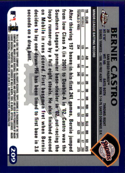 2003 Topps Chrome #209 Bernie Castro FY RC back image