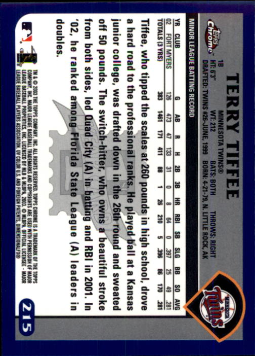 2003 Topps Chrome #215 Terry Tiffee FY RC back image