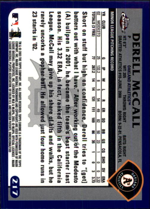 2003 Topps Chrome #217 Derell McCall FY RC back image