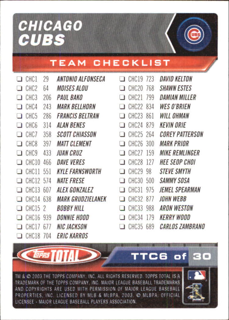 2003 Topps Total Team Checklists #6 Sammy Sosa back image