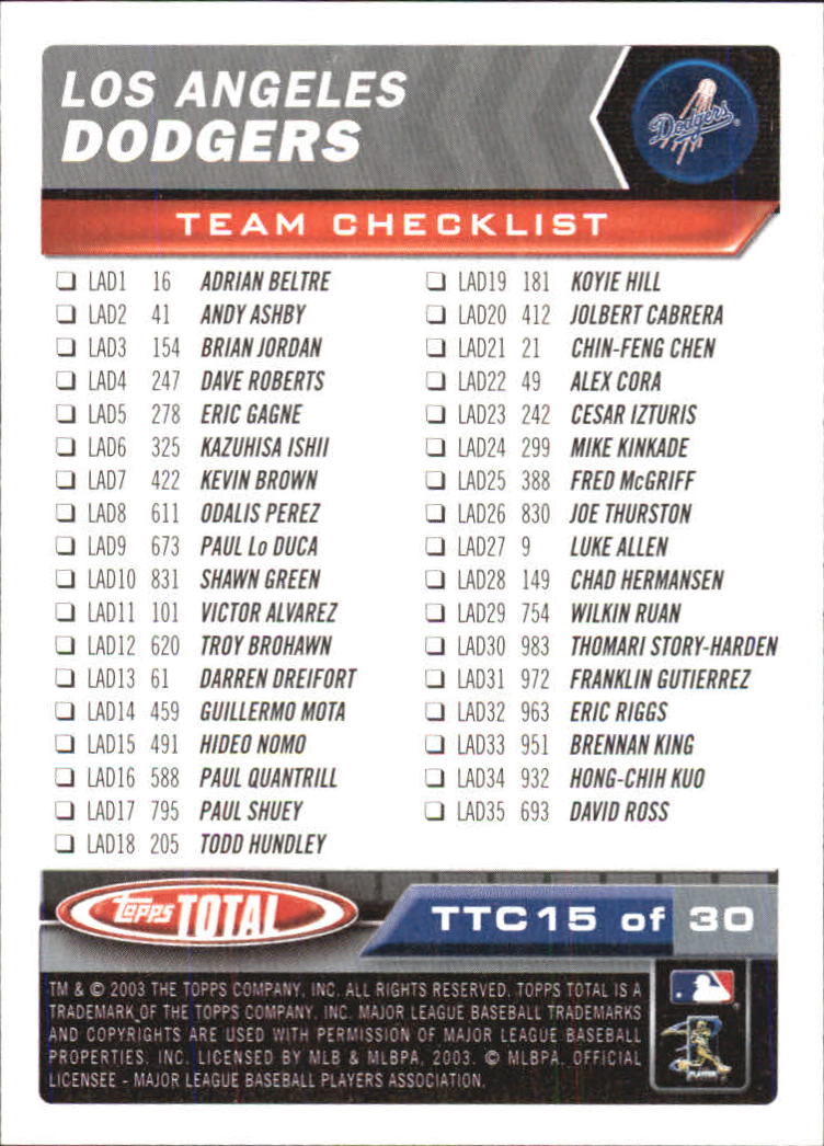 2003 Topps Total Team Checklists #15 Shawn Green back image